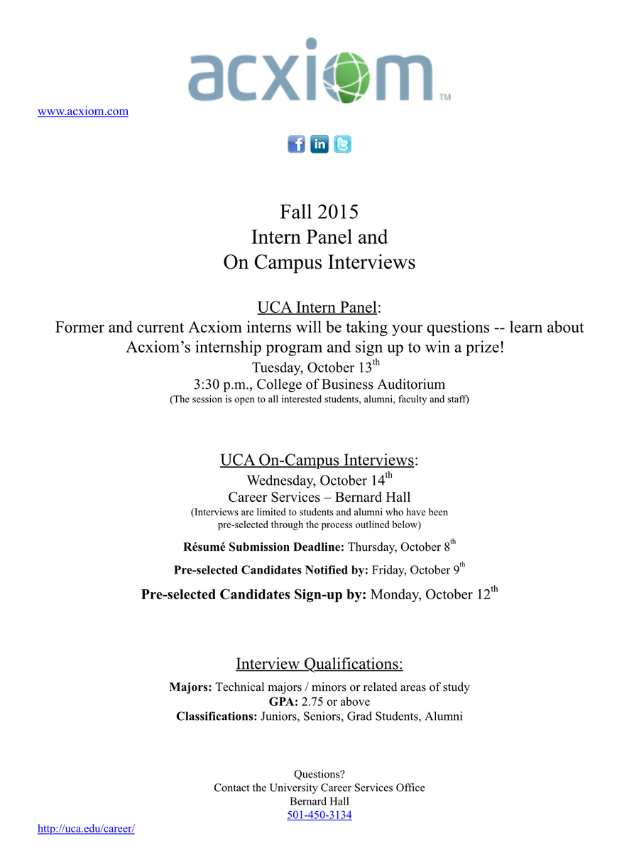 UCA_math's tweet photo. Acxiom Fall 2015 Intern Panel and On Campus Interviews will be October 13 &amp; 14.  See flyer for details. http://t.co/FgvLlTlJAX