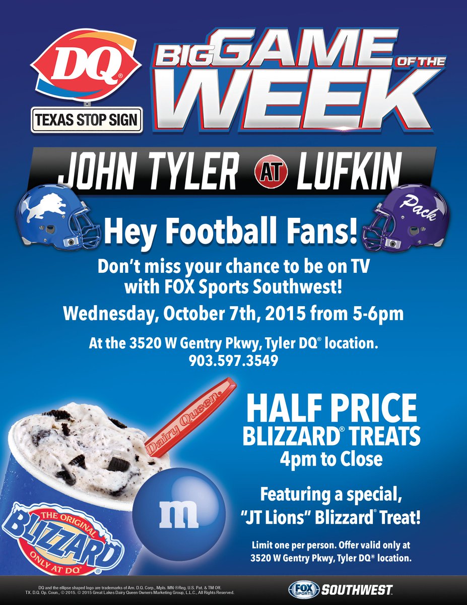 DQofTyler's tweet photo. Its coming to your Gentry DQ. Get Ready for the #DQBGOTW supporting your @JohnTylerLions with @FOXSportsSW http://t.co/EzWyP9KSfM