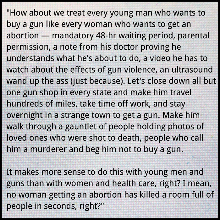 NYAGV1's tweet photo. "How about we treat every man that wants to buy a gun like a woman who wants to get an #abortion--mandatory 48-hr.." http://t.co/2nIi3WY7GZ