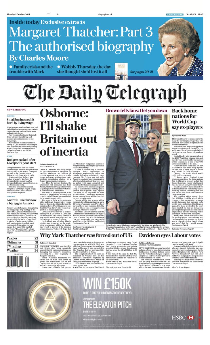 Telegraph's tweet photo. Tomorrow's Daily Telegraph front page "Osborne: I'll shake Britain out of inertia" http://t.co/uttms347YR
