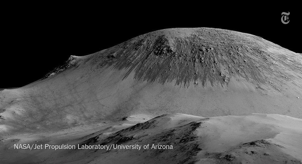 nytimes's tweet photo. Take a closer look at those streaks of flowing water on Mars http://t.co/S8jXUrsi1z http://t.co/uH5fb7bn6t