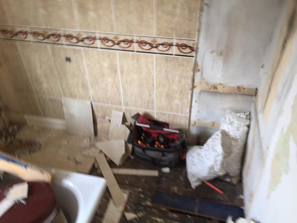 One old bathroom ready for the skip, just a few more loose tiles to come off before the less destructive work begins!