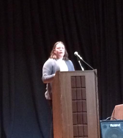Susquehanna alumna &amp; Selinsgrove High School teacher, Katie Robbins, speaks at induction for National Honor Society.