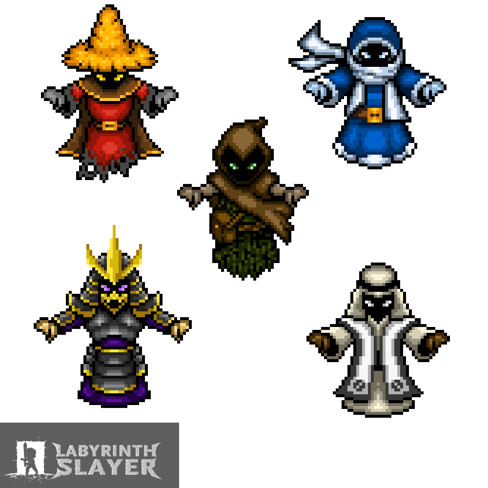 LabyrinthSlayer's tweet photo. Fire, Ice, Earth, Electric and Wind wizards! #pixelart #LabyrinthSlayer #indiedev #gamedev #roguelike #indiegame http://t.co/y8KqEsild8