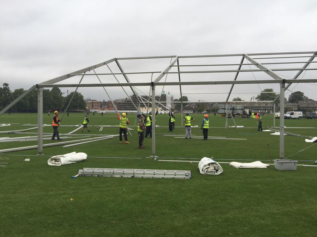 The crew building a 20m structure on Parkers Piece, Cambs