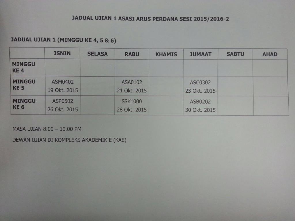 Asper Streamers Xi On Twitter Jadual Ujian 1 Streamers Sem 2 Http T Co Ob3c0libjn