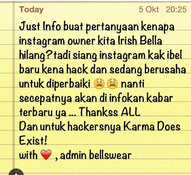 IrishBella Official (@ibelovaofficial) on Twitter photo Just info guys instagram <a href="/irisLoco/">Irish Bella</a> sementara ga bisa di pake karena di hack orang,thanks👏🙏 Just info guys instagram <a href="/irisLoco/">Irish Bella</a> sementara ga bisa di pake karena di hack orang,thanks👏🙏