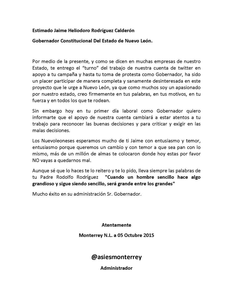 AsiEsMonterrey's tweet photo. Carta a @JaimeRdzNL http://t.co/M1AYEFE53Y