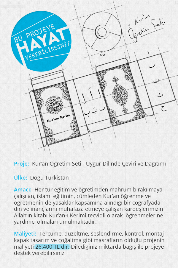 Kur'an Öğretim Seti Dağıtım Projesi - Doğu Türkistan

Bu projeye hayat verebilirsiniz...