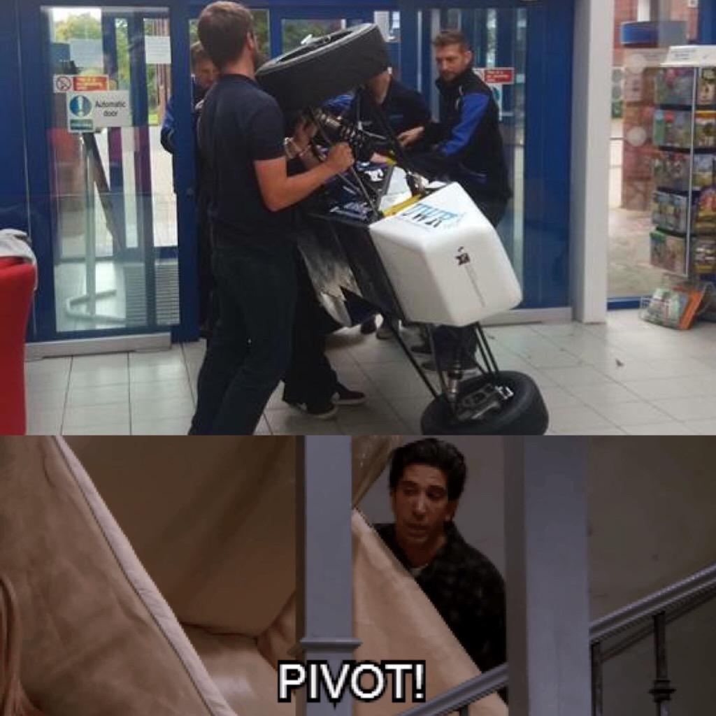 UWRacing's tweet photo. After some tactful manoeuvring our #FormulaStudent car is now in the #TelfordCampus reception 😃 #friends #pivot 😂 http://t.co/Q8tQMhKSc5
