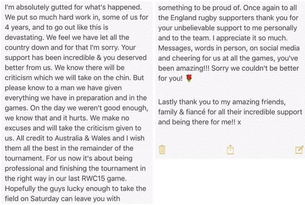 Really liking this message from Mike Brown after England's early exit from #RWC2015. Well written.