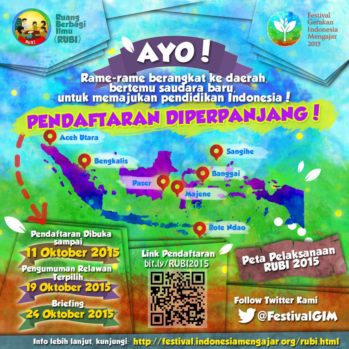 Pendaftaran RUBI diperpanjang sampai 11 Oktober 2015 loh Tuips. Klik: festival.indonesiamengajar.org/rubi.html <a href="/FestivalGIM/">Festival GIM</a> #FGIM_RUBI