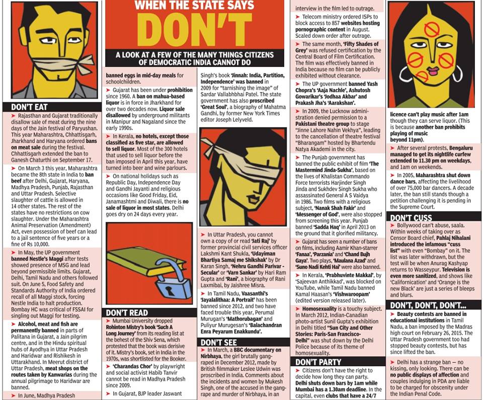 EvokeIndia's tweet photo. Here's a list of "things democratic India cannot do" published by TOI. Clipping Courtesy: Times Special Ban Ka Desh http://t.co/9ffG78sjS4