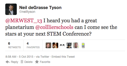 MRWEST_13's tweet photo. Check it out! Neil deGrasse Tyson heard about our StarLab from STEMCON! @collierschools @CollierScience #STEMCollier http://t.co/E6qFvBH1FE