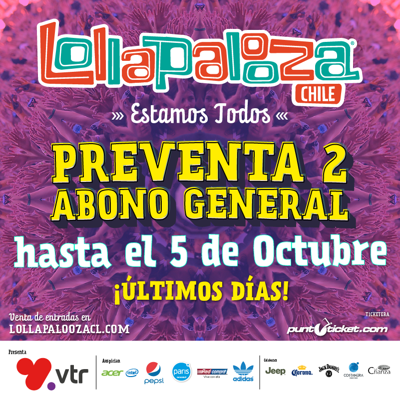 lollapaloozacl's tweet photo. ¡Apúrate! La preventa 2 se agota hoy a las 23.59 hrs. No te quedes fuera del festival que ha reunido miles de almas. http://t.co/wrwK60kjqc