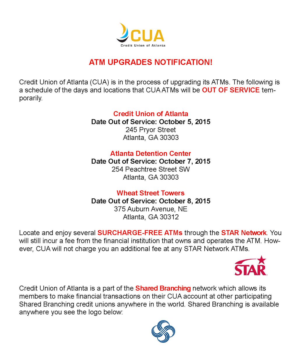 CreditUnionATL's tweet photo. This week, CUA will be making upgrades to its ATMs. Please see the attached photo for locations and dates. http://t.co/9v3nCM3i3G