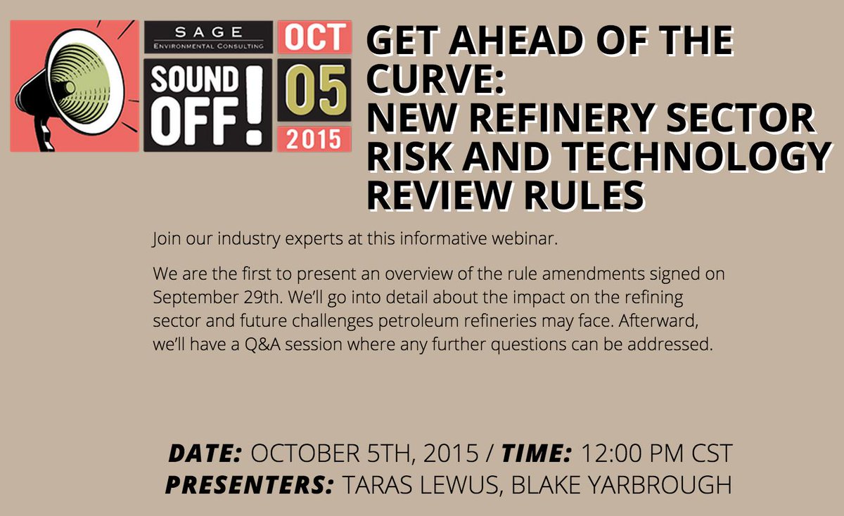 Sage_Family's tweet photo. Join us today to for the new refinery sector risk &amp; technology rules review.
Click >> http://t.co/DryaalSJPL #epa http://t.co/kAFnbhcaPO