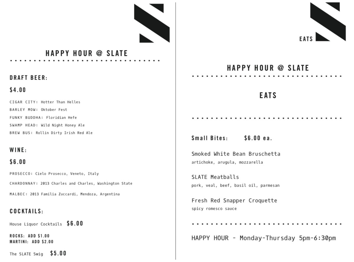 Weekdays just got way easier to handle with the new SLATE Happy Hour every Mon-Thurs 5pm to 6:30pm!