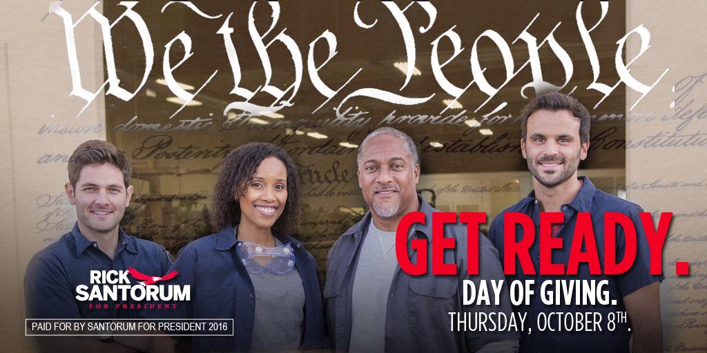 RickSantorum's tweet image. Join us in our first We The People Day of Giving on Thursday to support our campaign to take back America! #rick2016