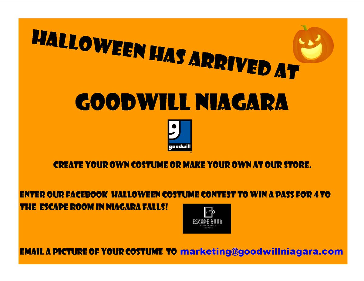 Get your Halloween Costume at Goodwill Niagara and enter our Costume Contest to win a pass for the <a href="/EscapeRoomNF/">Escape Room Niagara</a>