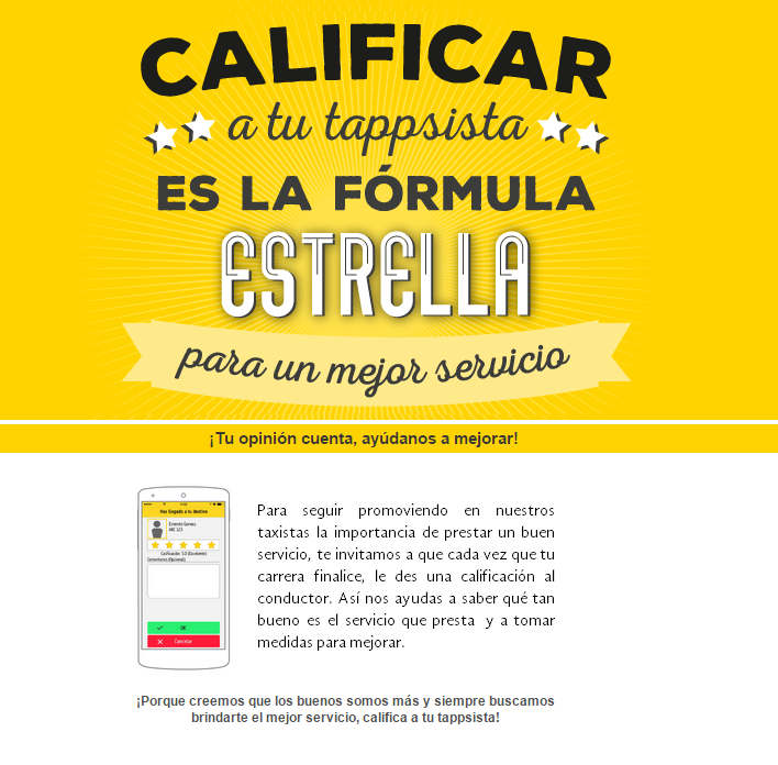 TappsiPeru's tweet photo. Calificar a tu tappsista es la fórmula para tener un mejor control de los conductores que trabajan con nosotros. http://t.co/20WQey7ETd