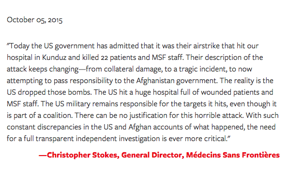 MSF's tweet photo. U.S. government description of the attack keeps changing- critical to have a transparent #IndependentInvestigation http://t.co/oDkvt2AIvG
