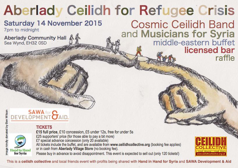 come dancing in Aberlady with <a href="/CosmicCeilidh/">Cosmic Ceilidh Band</a> for @hands4Syr and SAWA Dev. &amp; Aid in solidarity w/ Syrians in crisis...