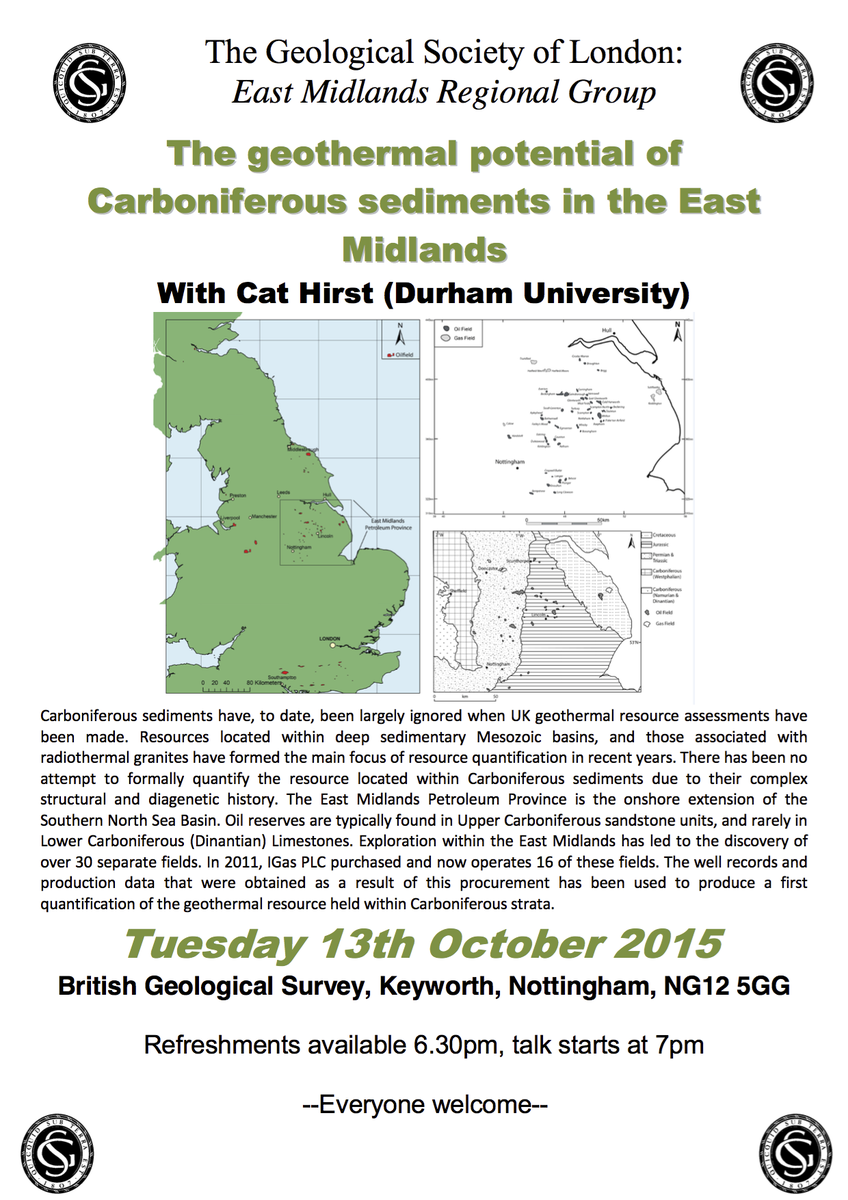 GeoOutreach's tweet image. &apos;Geothermal potential of Carboniferous sediments in E Midlands&apos; Free lecture by Cat Hirst 13 Oct 6.30pm Nottingham