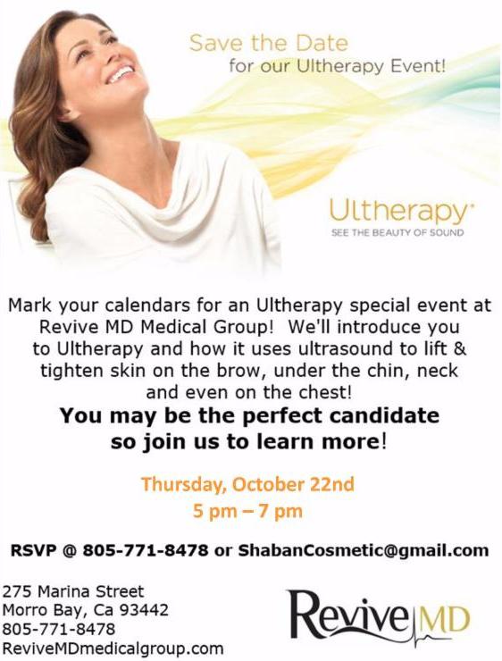 ReviveMD's tweet photo. Save The Date! Lift &amp; Tighten With Ultherapy! Thurs, Oct 22nd 5-7pm 805-771-8478 http://t.co/EVgdj3hYUE http://t.co/QRKXSR8hvV