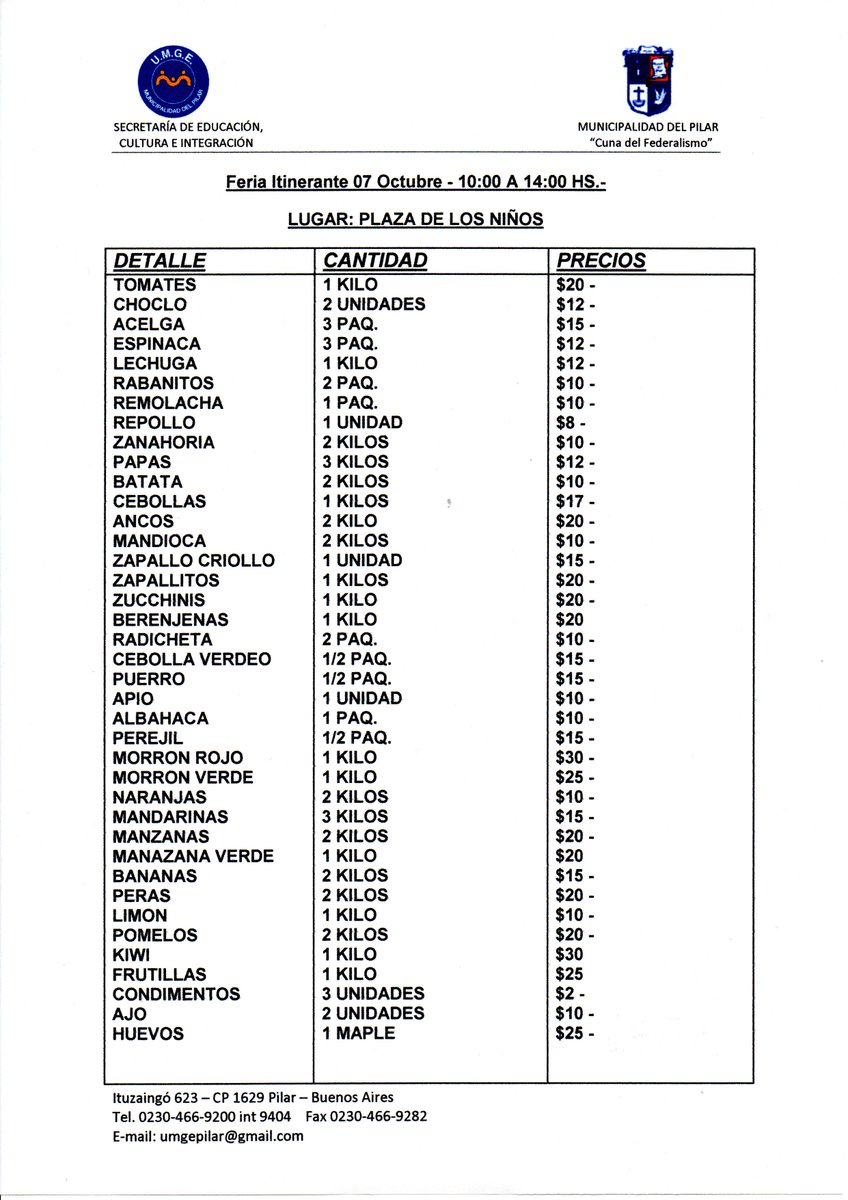 UMGE_Prensa's tweet photo. Feria Itinerante "Del Pilar" - Miércoles 7 de octubre, en la Plaza de los Niños, Pilar (Calle Uruguay y Ruta 8) http://t.co/YDeN0b4GXC