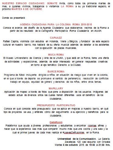 .@VecinoRCH #checa las presentaciones en SÚMATE #ROMA de este martes 6 de octubre a las 19:00 horas en Zacatecas 120