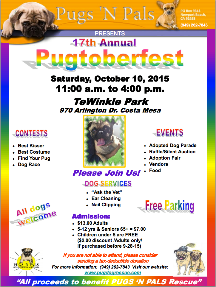 pugsnpals's tweet photo. SATURDAY is #pugtoberfest ! We're so excited to see everyone @ TeWinkle Park in #CostaMesa on Saturday! #RT #pugs #OC http://t.co/y8KZNkiN6t