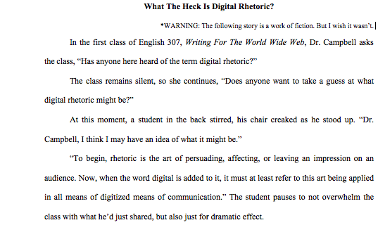 campbellprof's tweet photo. How I enjoyed @drmannyflores fictional story of digital rhetoric! #eng307. A must read! http://t.co/OJRr6laJOa