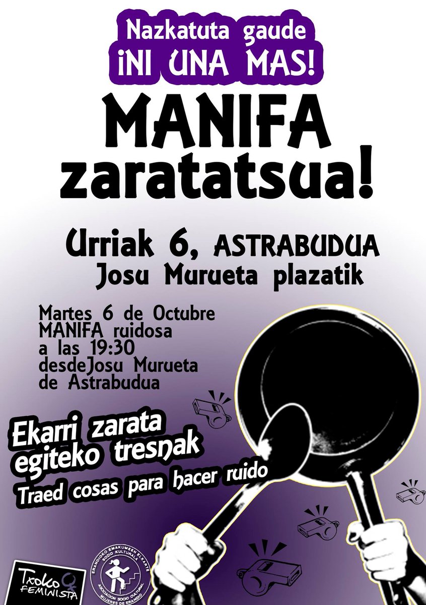 ATO_Astrabu's tweet photo. Indarkeria matxistarik ez! Bihar arrastiko 19:30tan manifa zaratatsua Astrabuduko Josu Murueta enparantzan! http://t.co/2OFo1a7PND