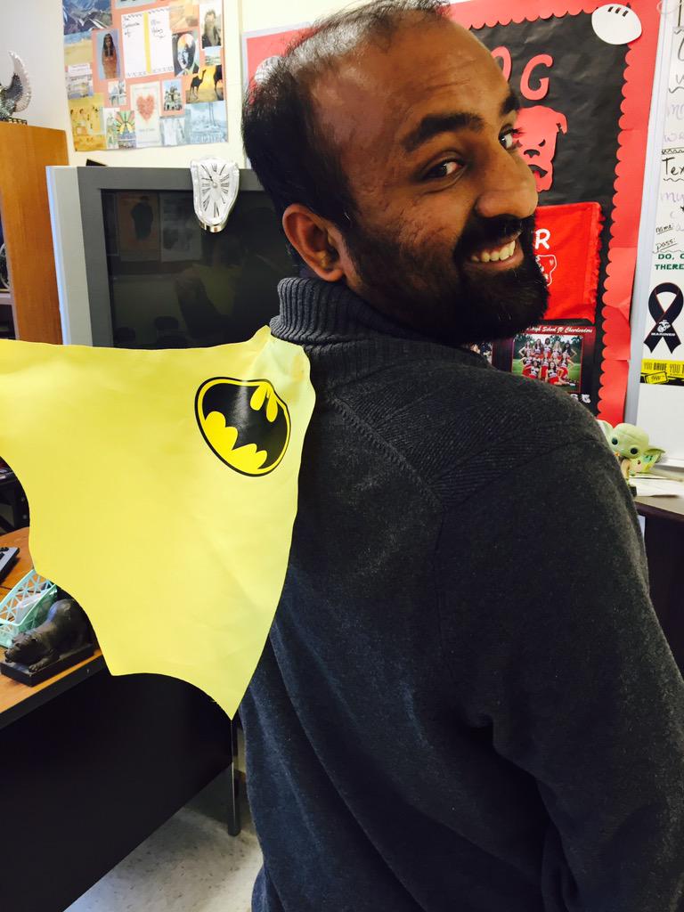 MrRVarghese's tweet photo. Spirit Week 2015: Day 1, Superhero Monday! #BHSHC15
Batman's in the house! Thanks Theodore for the awesome cape :) http://t.co/73fUqLS42e