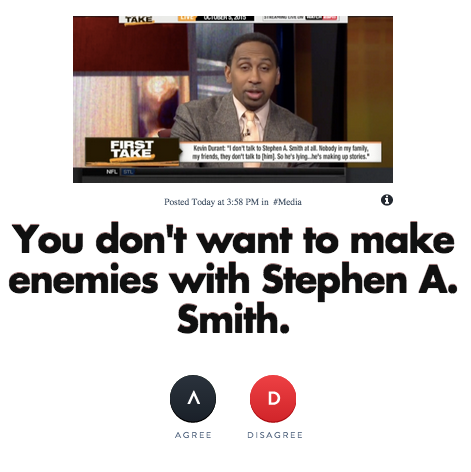 StaanceSports's tweet photo. Do you agree that KD doesn’t want to make enemies with Stephen A. Smith?
http://t.co/j6MXrwmKgN http://t.co/NoYqbEVPYM