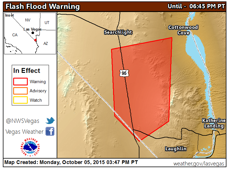 NWSVegas's tweet photo. #FlashFlood Warning for #CalNevAri area until 6:45 PM this evening. Watch for flooded roads, esp. Hwy 95. #nvwx http://t.co/gCt6FyFohM