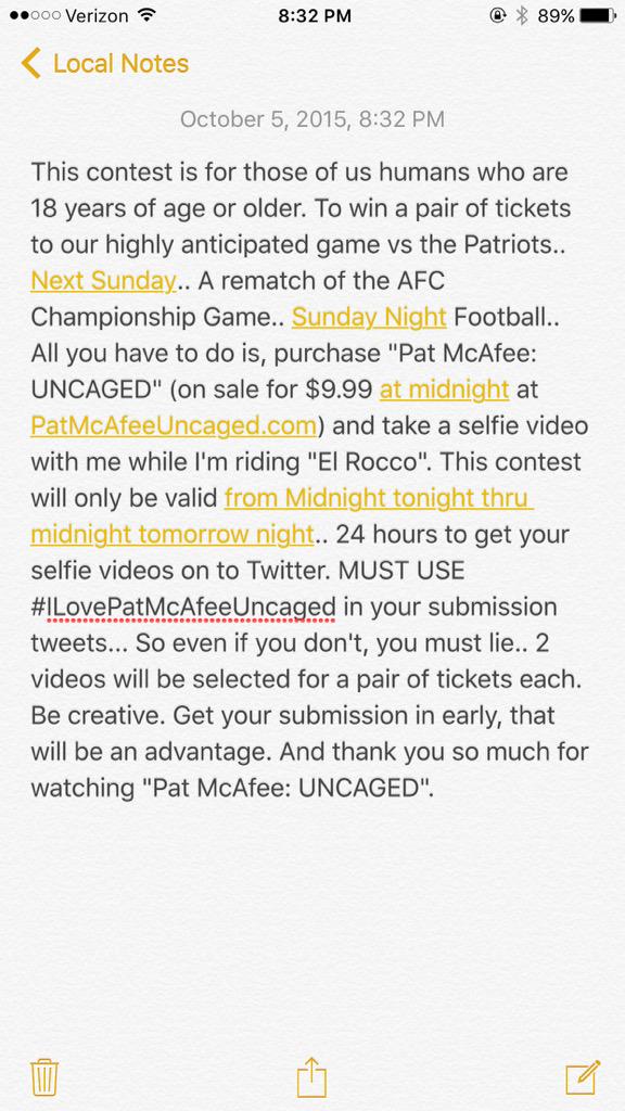 Win tickets to next Sunday's <a href="/Colts/">Indianapolis Colts</a> vs Pat's #SNF game.. #ILovePatMcAfeeUncaged