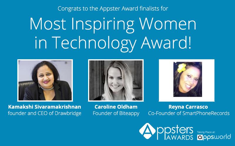 Congrats, @Drawbridge @kamakshish @Biteappy @SmartPhoneRecs! @AppyAwards Most Inspiring Women in Tech! Hats off to u!