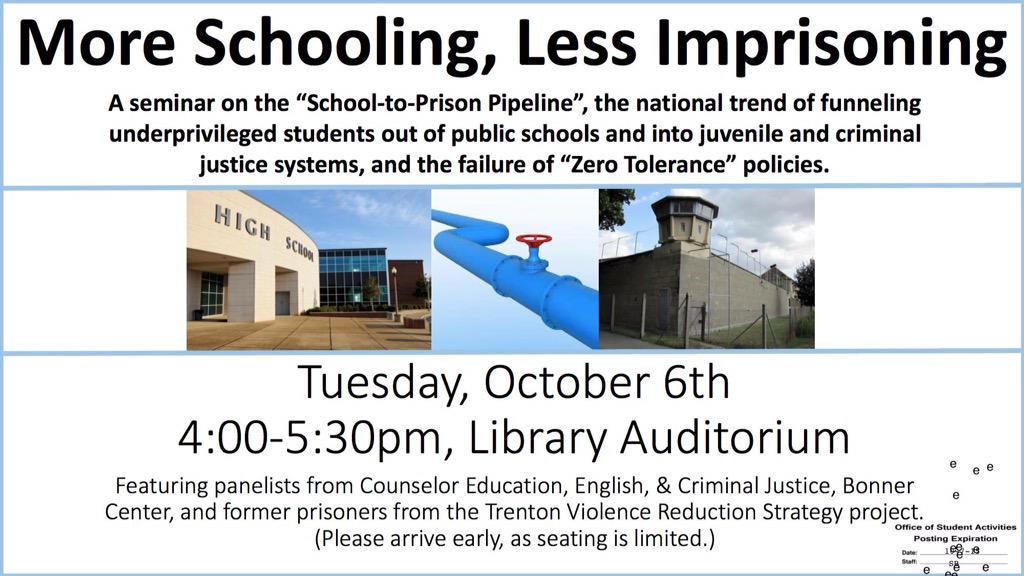 TCNJ_HSS's tweet photo. Join us tomorrow October 6th at 4:00pm in the Library Auditorium for a seminar on the School-to-Prison Pipeline http://t.co/P1uxTcRwN7