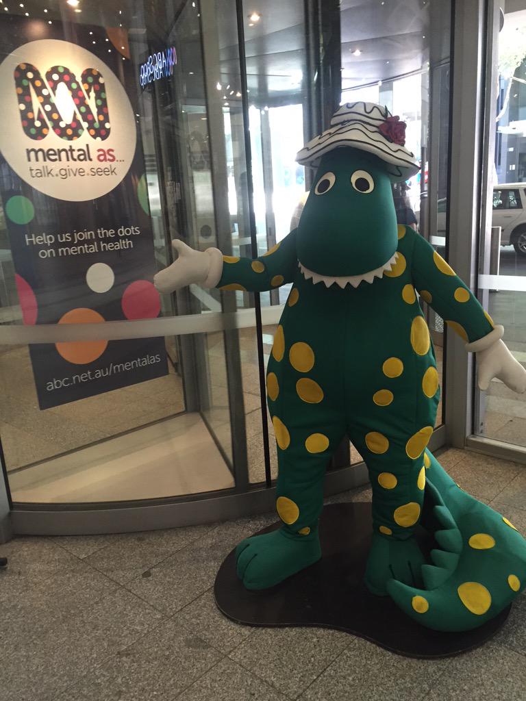 abcsydney's tweet photo. Dorothy the Dinosaur already has the dots and is helping to spread the word about #MentalAs at ABC HQ http://t.co/qFOnH8qB4F