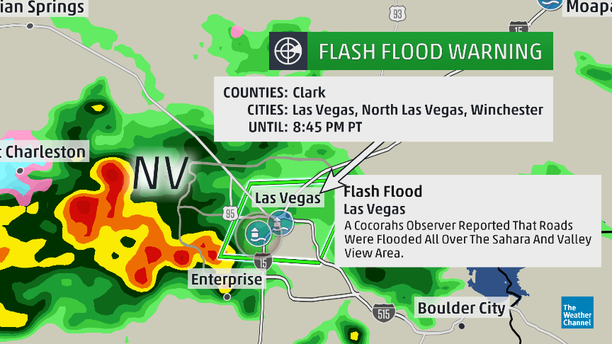 Flash flood warning for Las Vegas until 8:45 pm PT. Flooded roads have