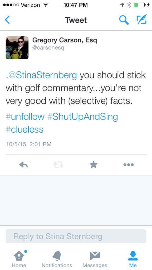 Gregory Carson (@gregorycarson) on Twitter photo Blocked! Clueless liberal golf writer .<a href="/StinaSternberg/">Stina Sternberg</a> does like facts about 2D Amend.<a href="/GolfDigest/">Golf Digest</a>
#PGATour #NRA #2A Blocked! Clueless liberal golf writer .<a href="/StinaSternberg/">Stina Sternberg</a> does like facts about 2D Amend.<a href="/GolfDigest/">Golf Digest</a>
#PGATour #NRA #2A
