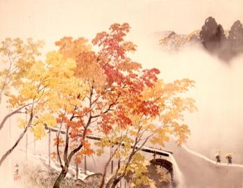 川合玉堂《渓雨紅樹》(山種美術館)。水車を好んだ玉堂は、自邸の庭にも