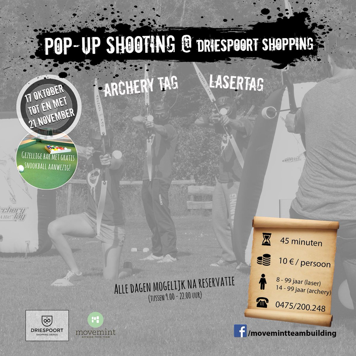 Movemintbe's tweet image. Van 17/10 t.e.m. 21/11 organiseren we een Pop-up Shooting @DriespoortS ! Kom Lasertag &amp;amp; Archery Tag spelen! #popup