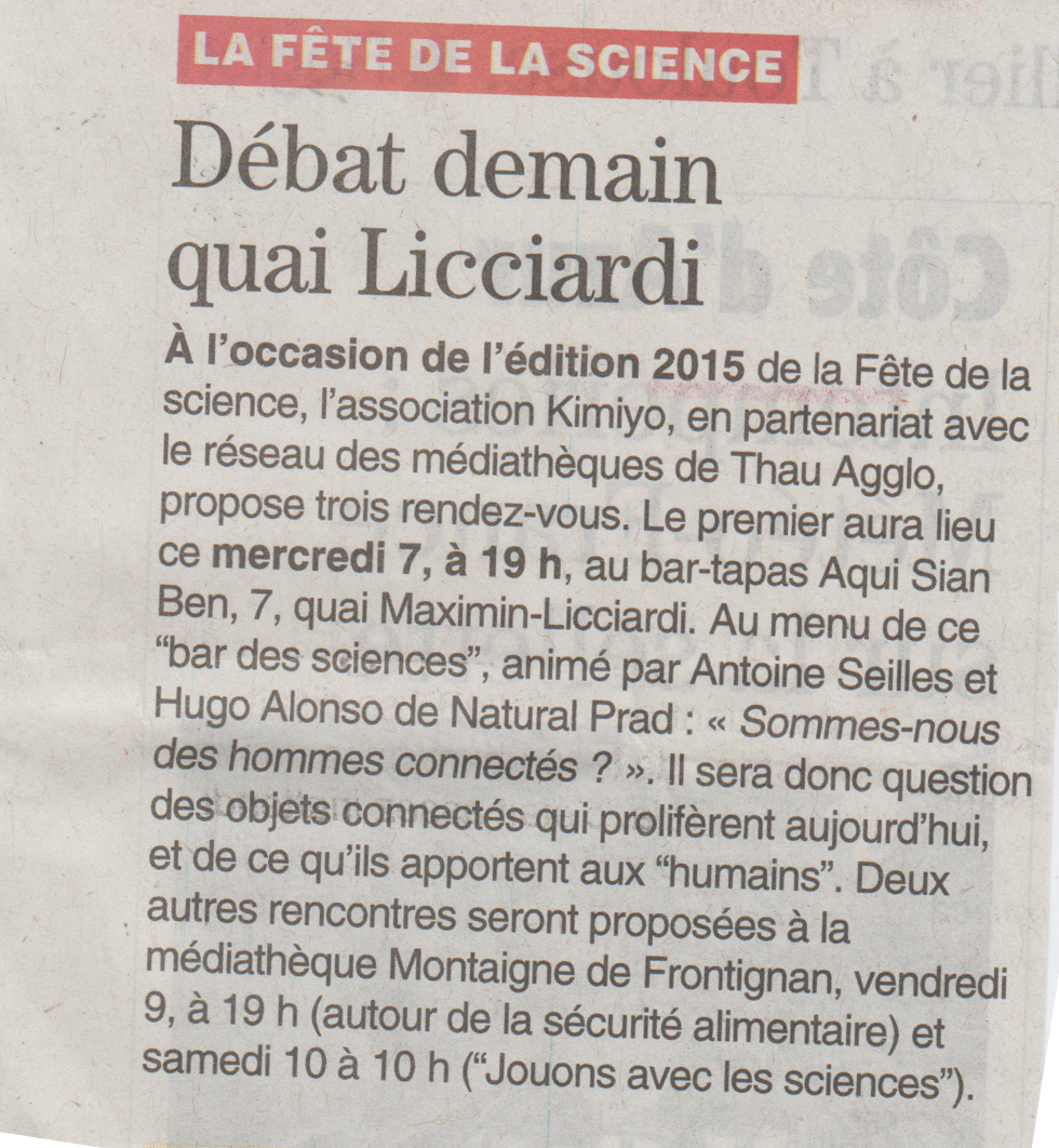 FdlS_LR's tweet photo. #FDSLR dans Midi Libre, pour le Bar des Sciences "Sommes nous des hommes connectés ?" mercredi  19h à l'Aqui Sian Ben http://t.co/J3PfVyuyky