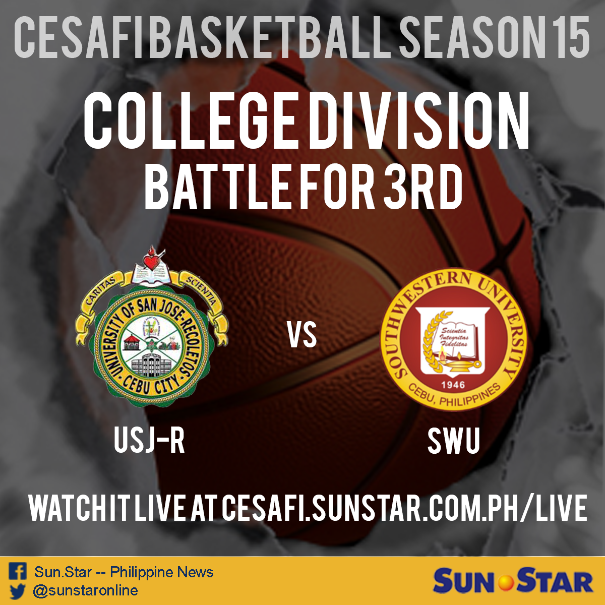 nickotubo's tweet photo. [MOMENTS AWAY] USJ-R vs. SWU

Watch it live at http://t.co/osUwfP24SQ #Cesafi2015 #CollegeDivision #BattleFor3rd http://t.co/q07cftKR9M