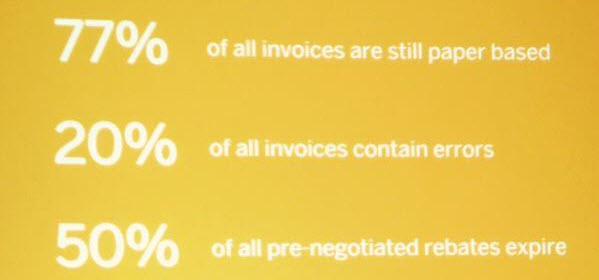 JamesMarland's tweet photo. Key stats from the @Ariba pres at #EXCS15: 50% of rebates expire. Get on it by adopting eInvoicing. http://t.co/x8YFd0Mxl6