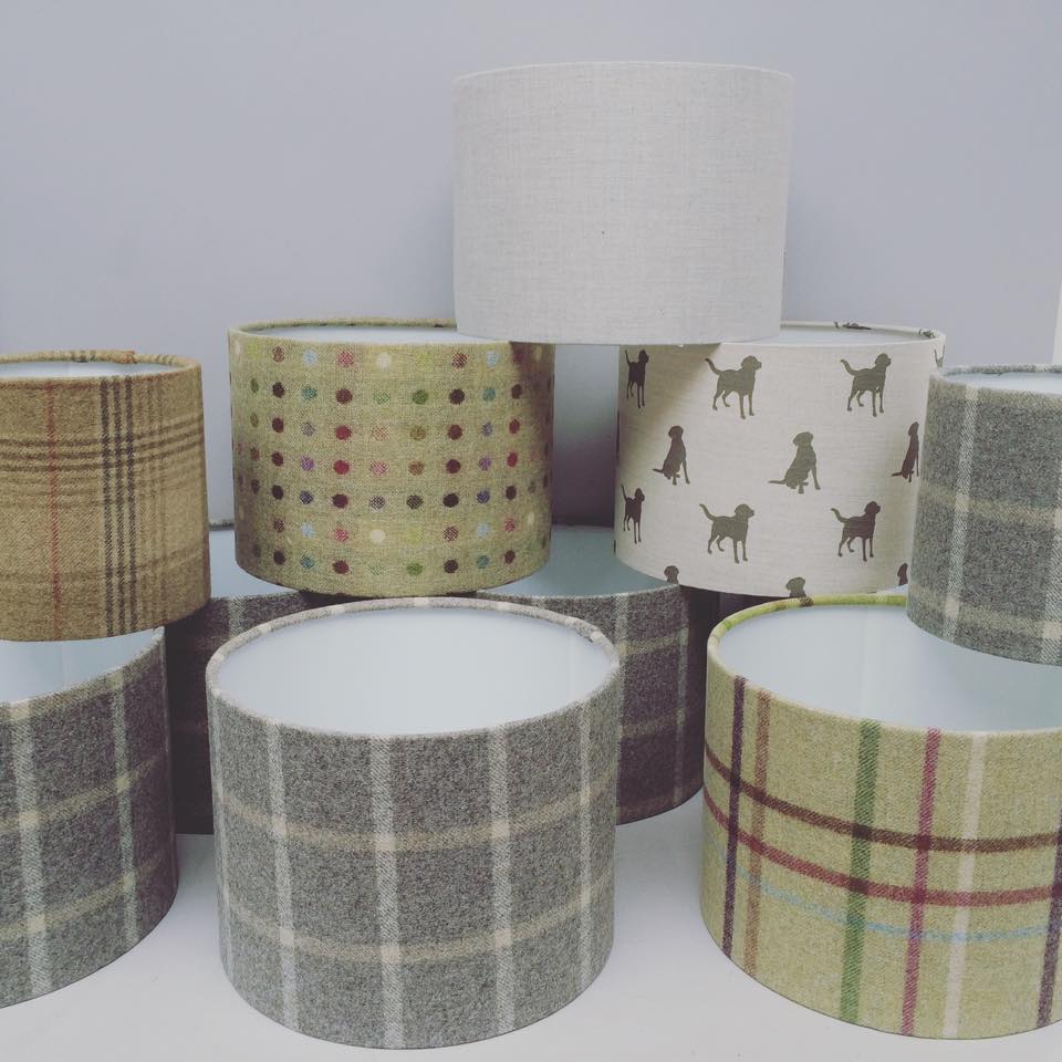 Our lampshade workbench is starting to look a little crowded !#lamps #lampshades #handmade #woolweek #tweed #Labrador