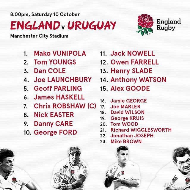 eatsleeprugby's tweet image. England have announced their side to play Uruguay in their final game of #RWC2015. Thoughts on the side?